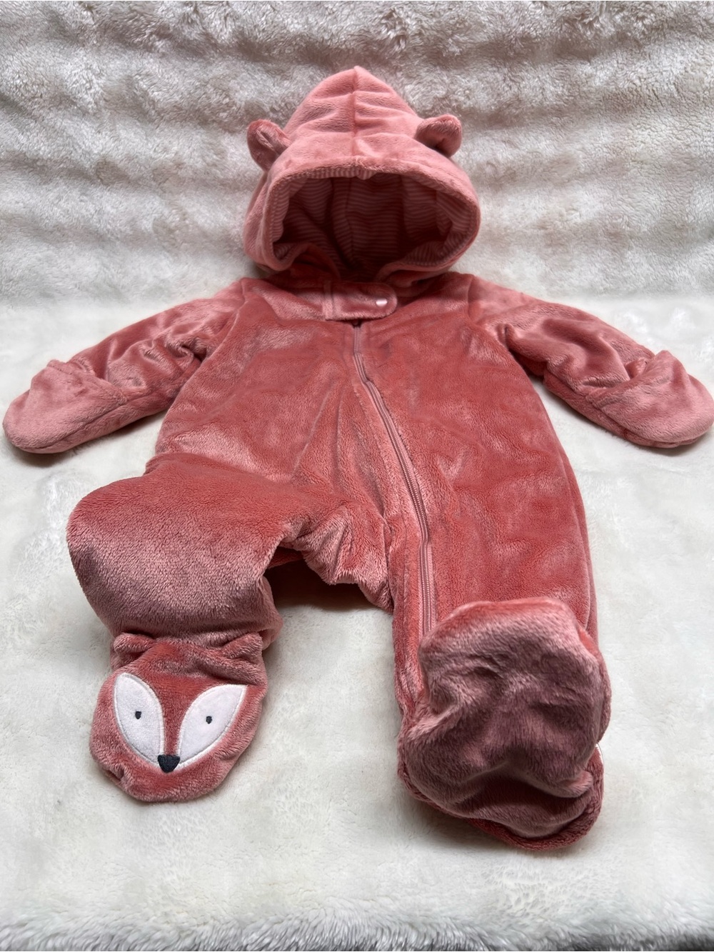Carter's Dusty Pink Plush Hooded Baby One-Piece with Fox Footies